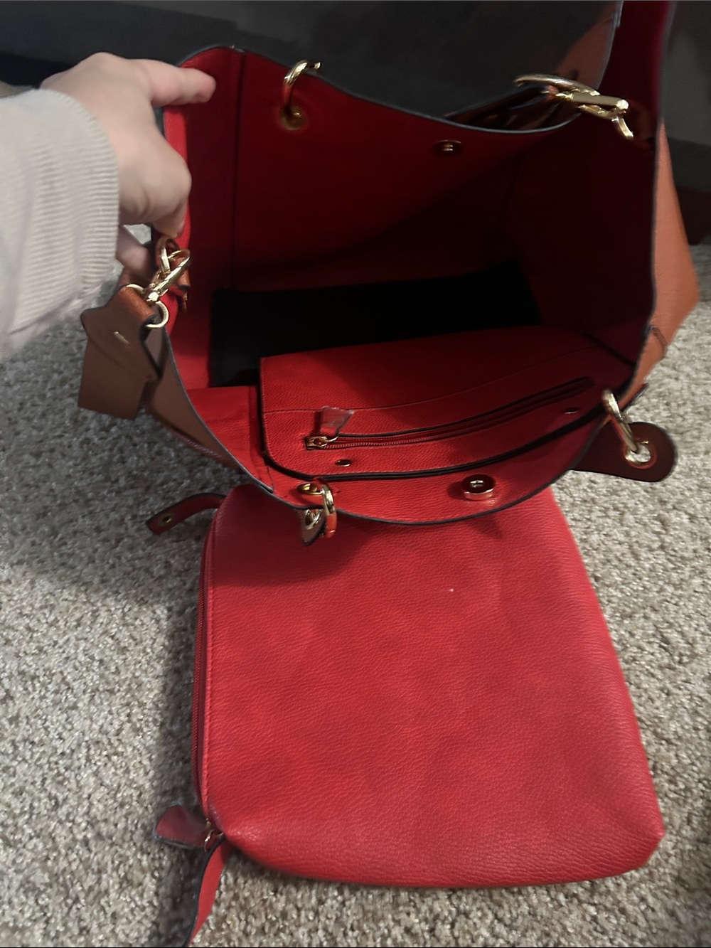 Unlisted Brown Pebbled Tote with Red Interior and Gold Ring Handles - Picture 4 of 5